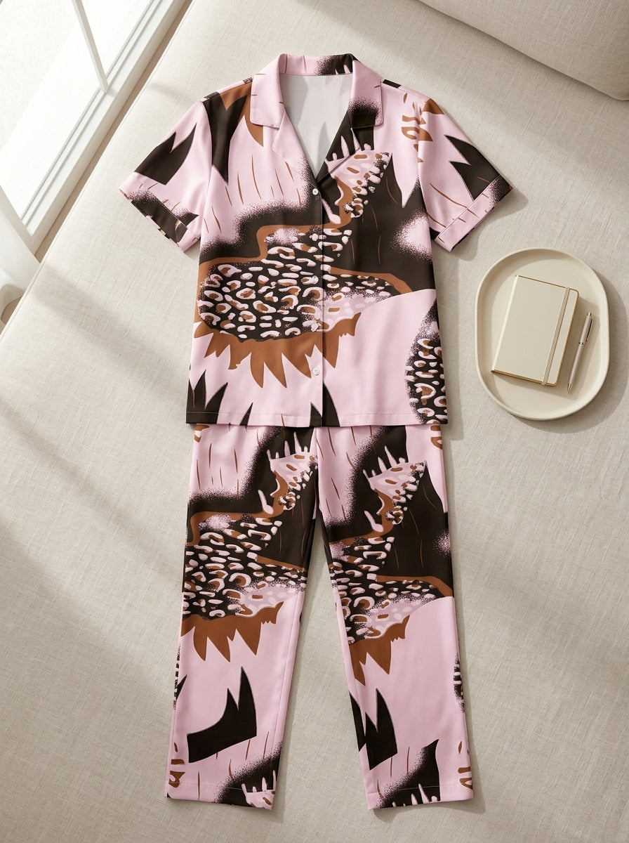 Ladies Luxury Pink Animal Print Satin Night Suit | 2 Piece Pajama Set