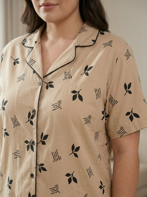 Ladies Beige Leaf Print Night Suit | 2 Piece Pajama Set (Contrast Piping)