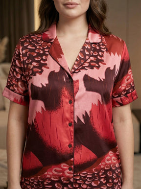 Women’s Bold Red & Maroon Printed Night Suit | 2 Piece Luxury Satin Pajama Set