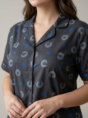 Ladies Dark Grey Abstract Print Night Suit | 2 Piece Pajama Set