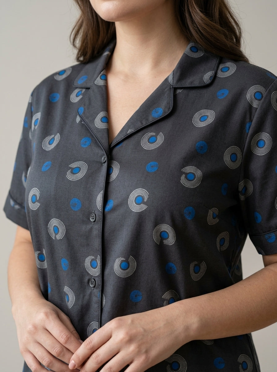 Ladies Dark Grey Abstract Print Night Suit | 2 Piece Pajama Set