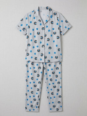 Women’s Light Grey 2-Piece Pajama Set | Printed Night Suit with Blue Swirl Pattern