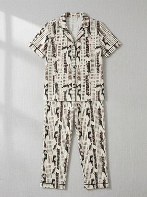 Women’s Bold Black & Brown Printed Night Suit – 2 Piece Satin Pajama Set