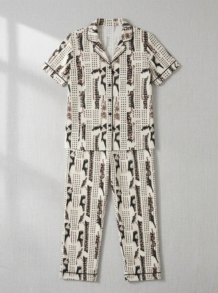 Women’s Bold Black & Brown Printed Night Suit – 2 Piece Satin Pajama Set