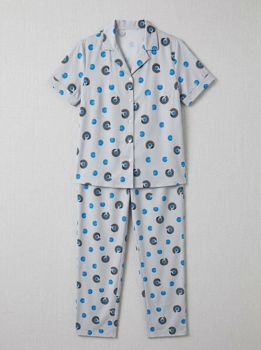 Women’s Light Grey 2-Piece Pajama Set | Printed Night Suit with Blue Swirl Pattern