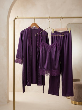 3-Piece Satin Lace Pajama Set | Cami, Pants & Robe
