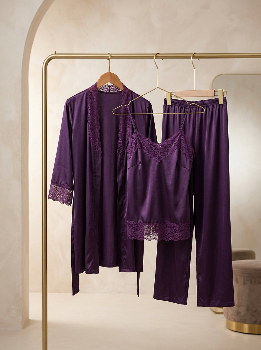 3-Piece Satin Lace Pajama Set | Cami, Pants & Robe