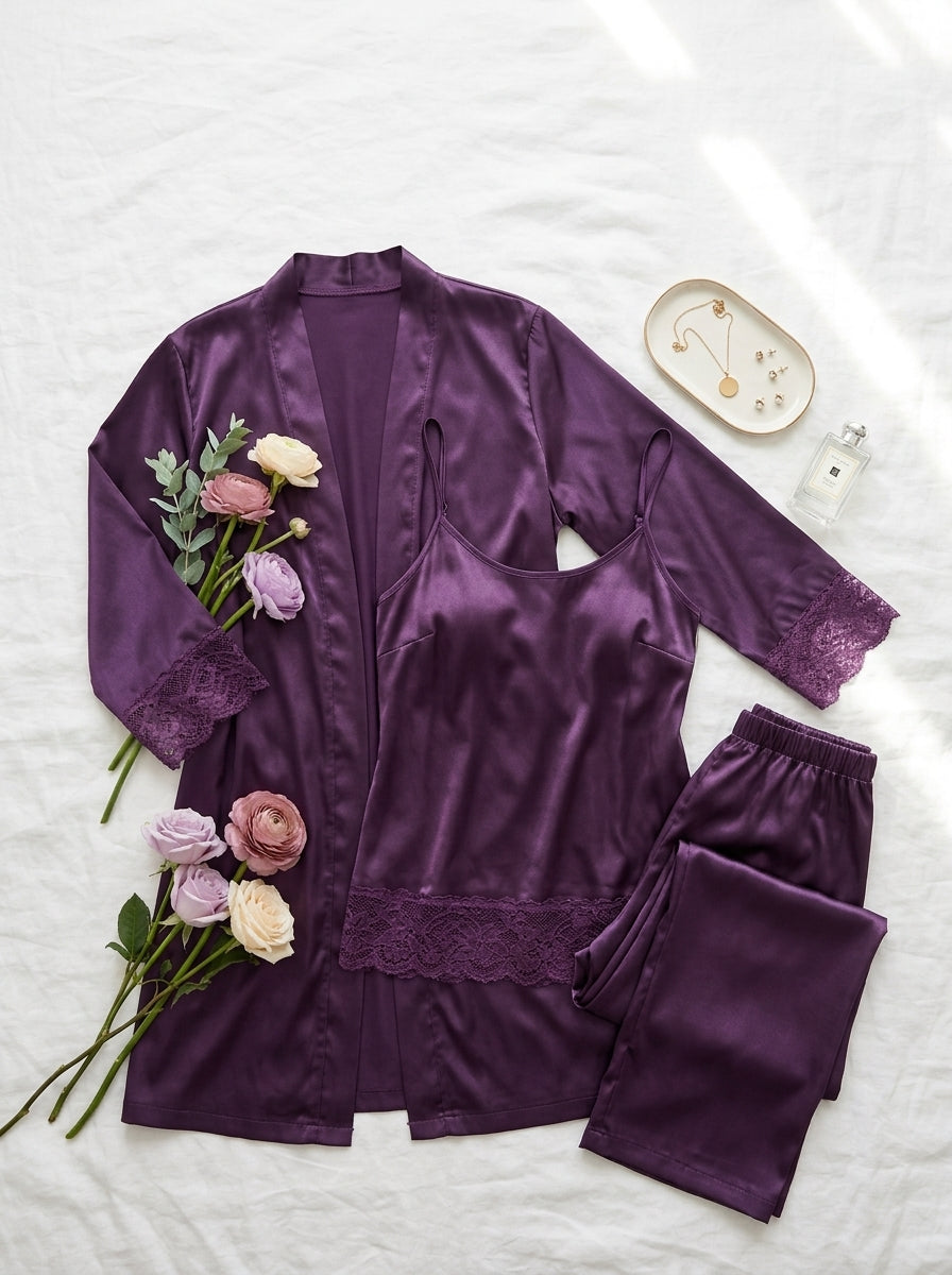3-Piece Satin Lace Pajama Set | Cami, Pants & Robe
