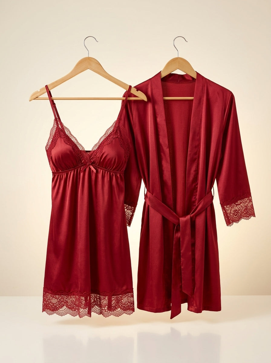 2-Piece Velvet Lace Chemise & Robe Set | Romantic Bridal Lingerie