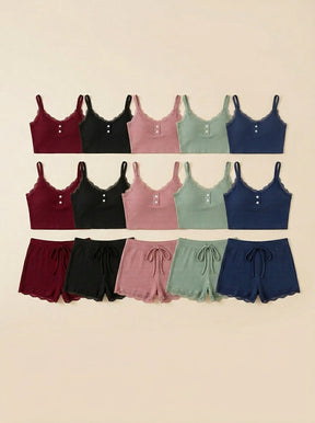 Ribbed Lace Trim Lounge Set