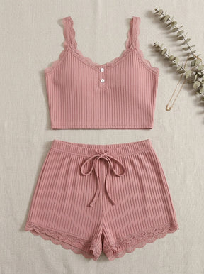 Ribbed Lace Trim Lounge Set