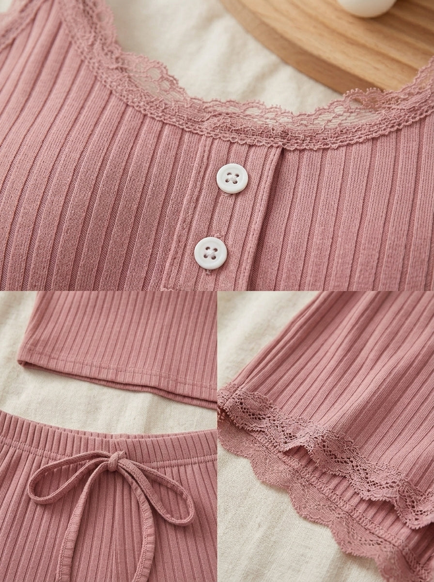 Ribbed Lace Trim Lounge Set