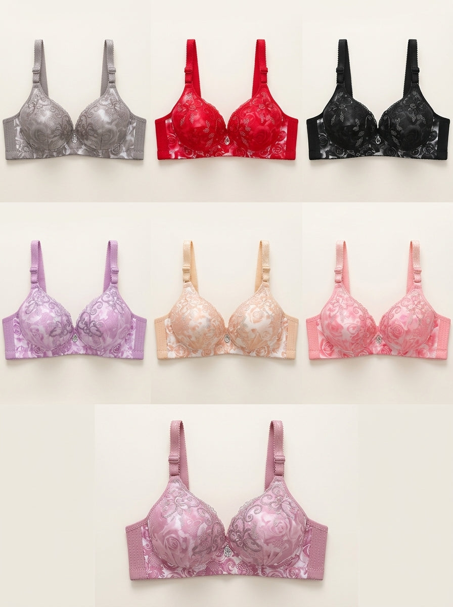 Floral Lace Print Padded Bra | Soft Support & Adjustable Straps