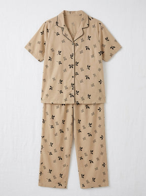 Ladies Beige Leaf Print Night Suit | 2 Piece Pajama Set (Contrast Piping)