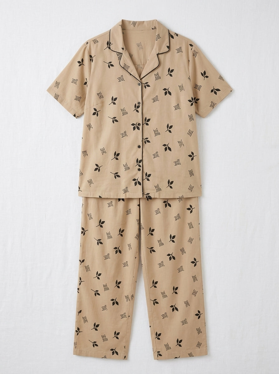 Ladies Beige Leaf Print Night Suit | 2 Piece Pajama Set (Contrast Piping)