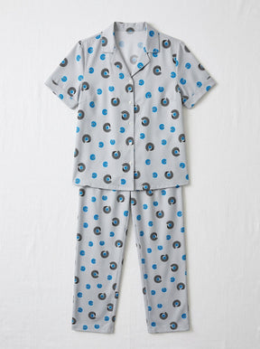 Women’s Light Grey 2-Piece Pajama Set | Printed Night Suit with Blue Swirl Pattern