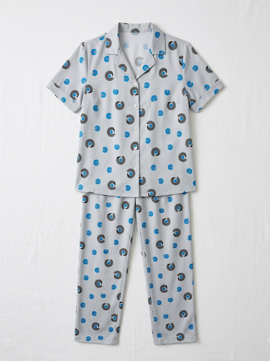 Women’s Light Grey 2-Piece Pajama Set | Printed Night Suit with Blue Swirl Pattern