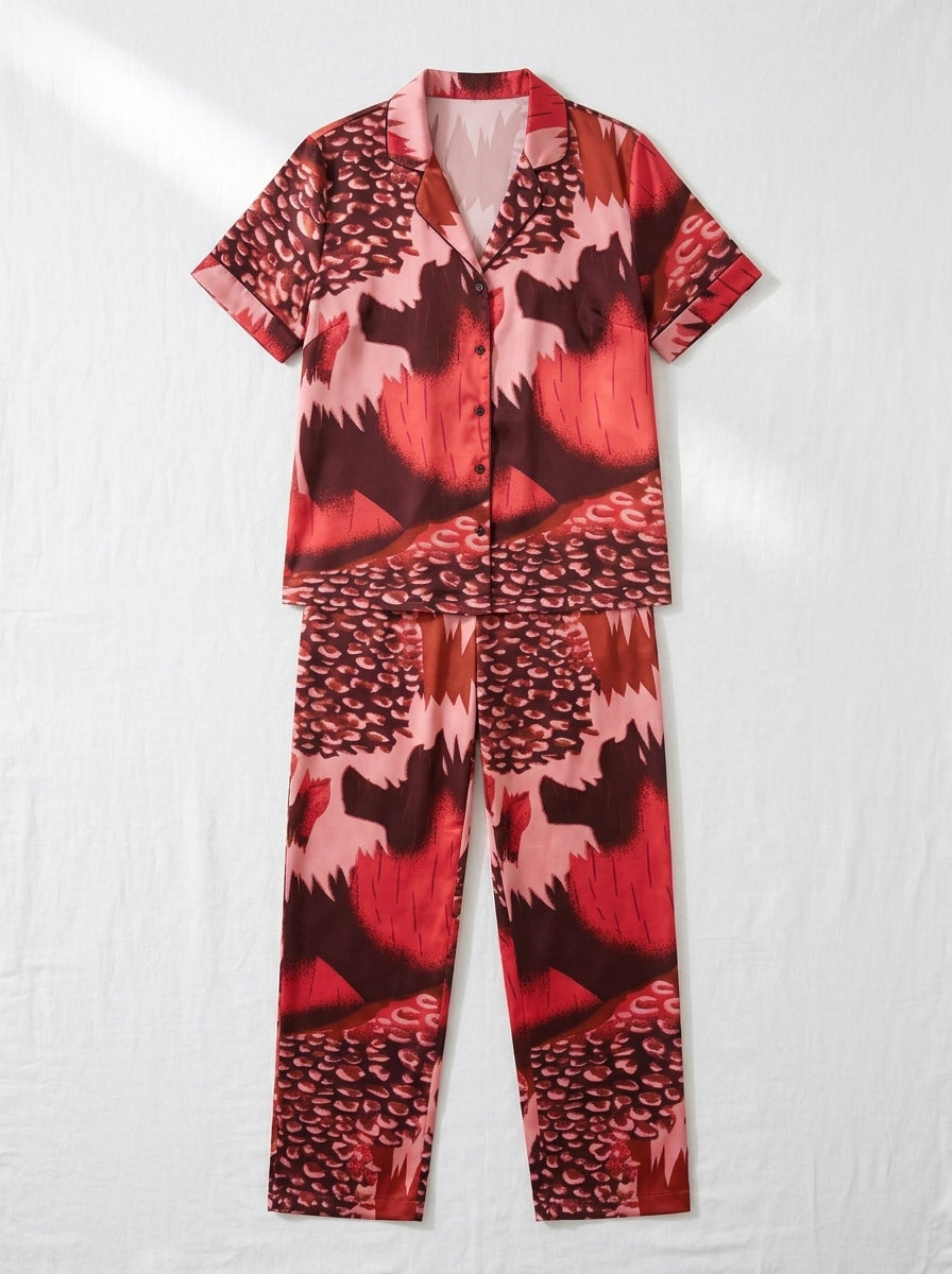 Women’s Bold Red & Maroon Printed Night Suit | 2 Piece Luxury Satin Pajama Set