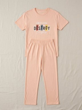 Ladies Pink Printed Lounge Set | Destroy Everything 2 Piece T-Shirt Pajama