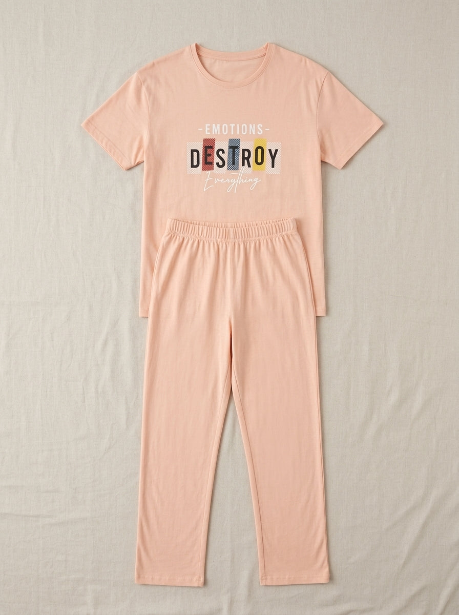 Ladies Pink Printed Lounge Set | Destroy Everything 2 Piece T-Shirt Pajama