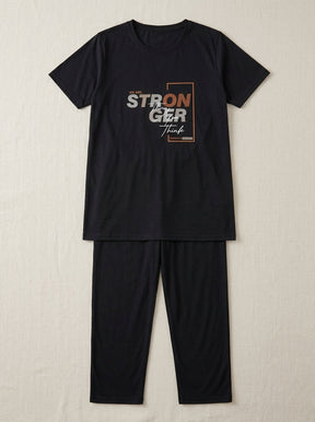Women’s Black Graphic Print T-Shirt Pajama Set | Stronger Than We Think Lounge Set (2PC)