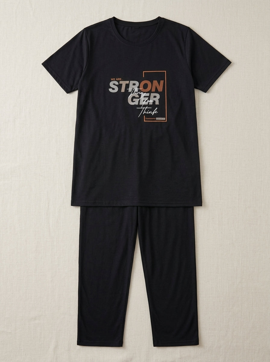 Women’s Black Graphic Print T-Shirt Pajama Set | Stronger Than We Think Lounge Set (2PC)