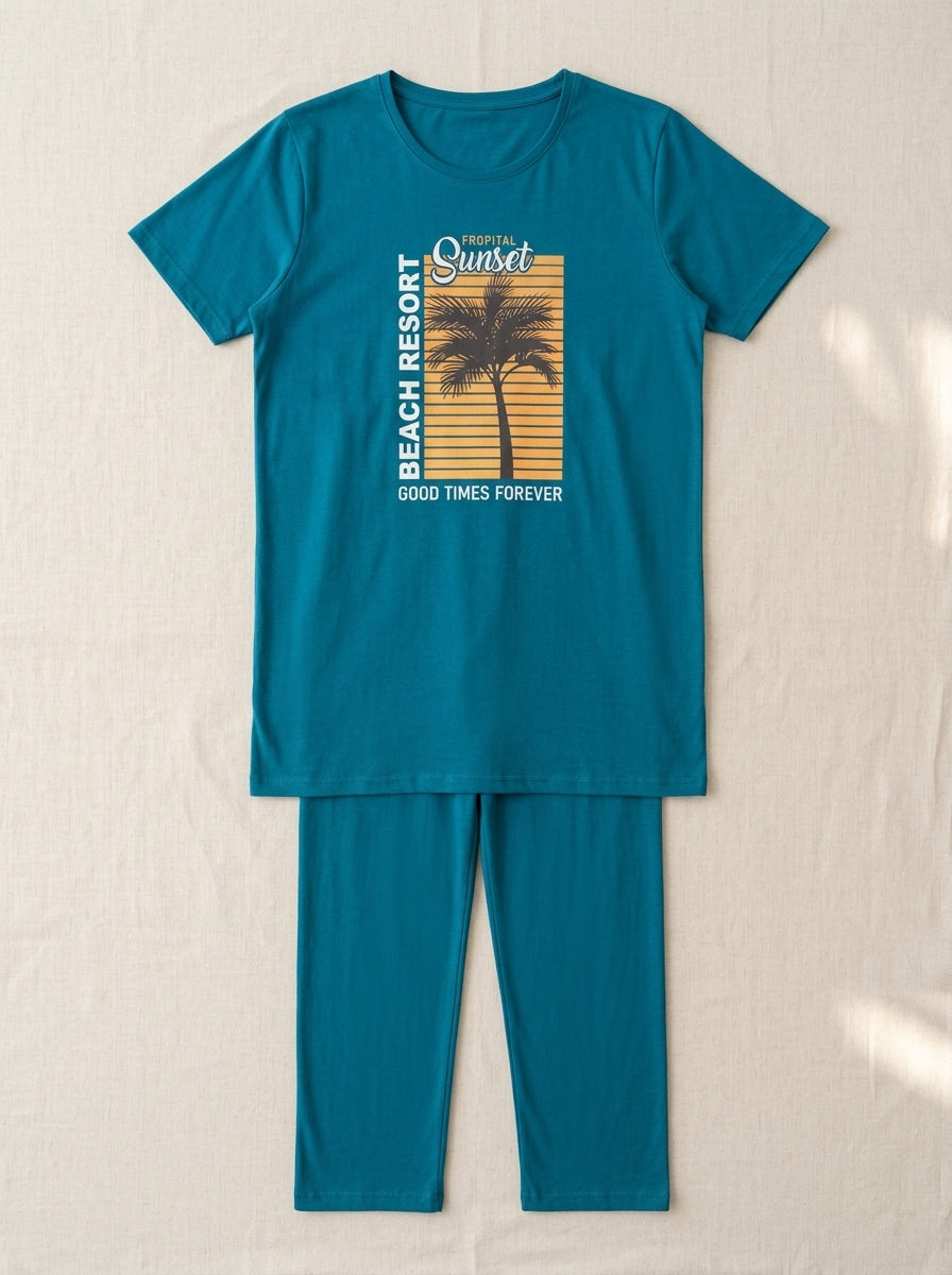 Women’s Teal Palm Tree Printed Nightwear Set | Short Sleeve T-Shirt & Pants