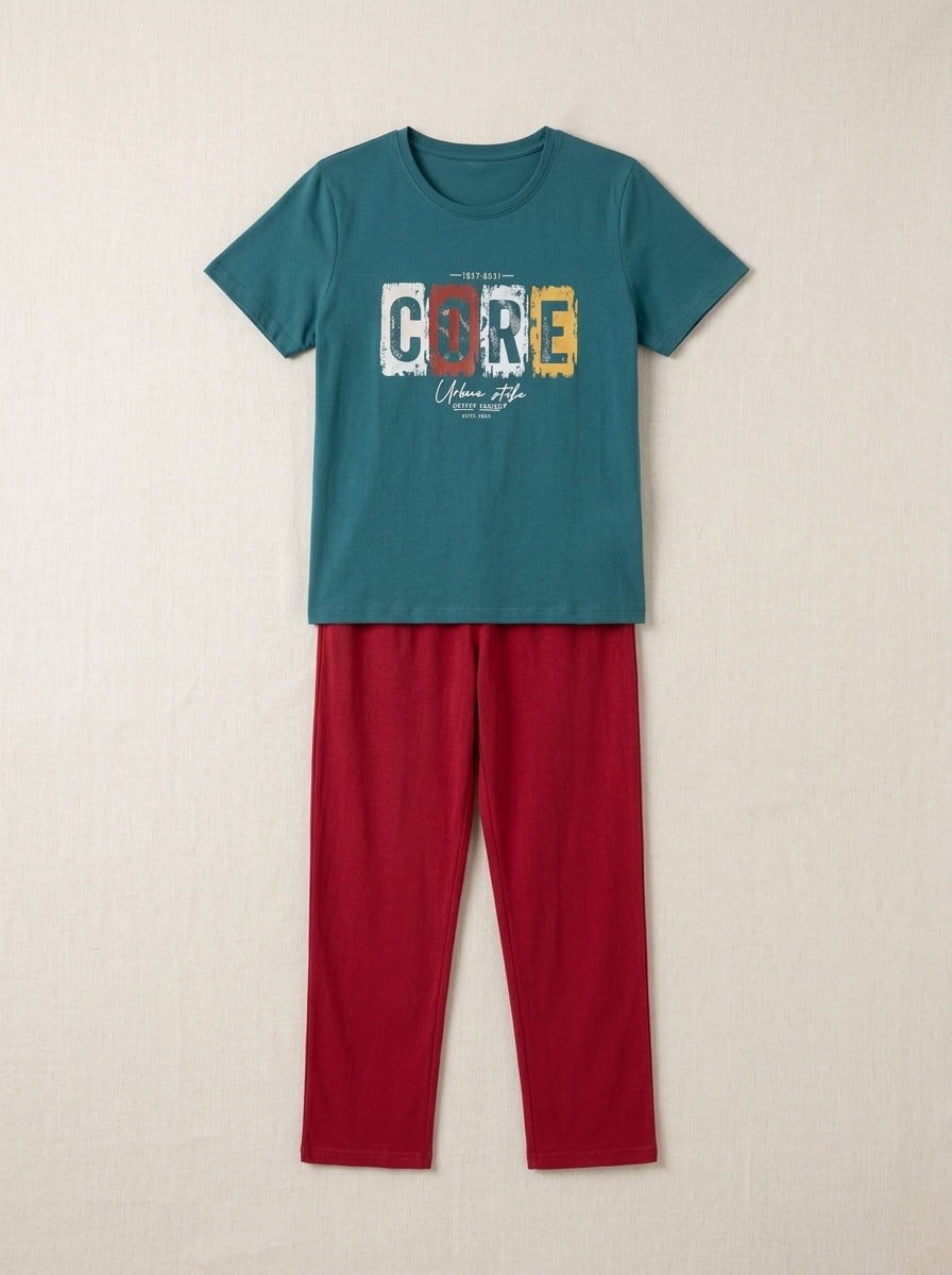 Women’s Color Block Nightwear Set | Teal CORE Printed T-Shirt with Red Pants