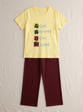 Women’s Motivational Yellow Nightwear Set | GROW Printed T-Shirt with Maroon Pants