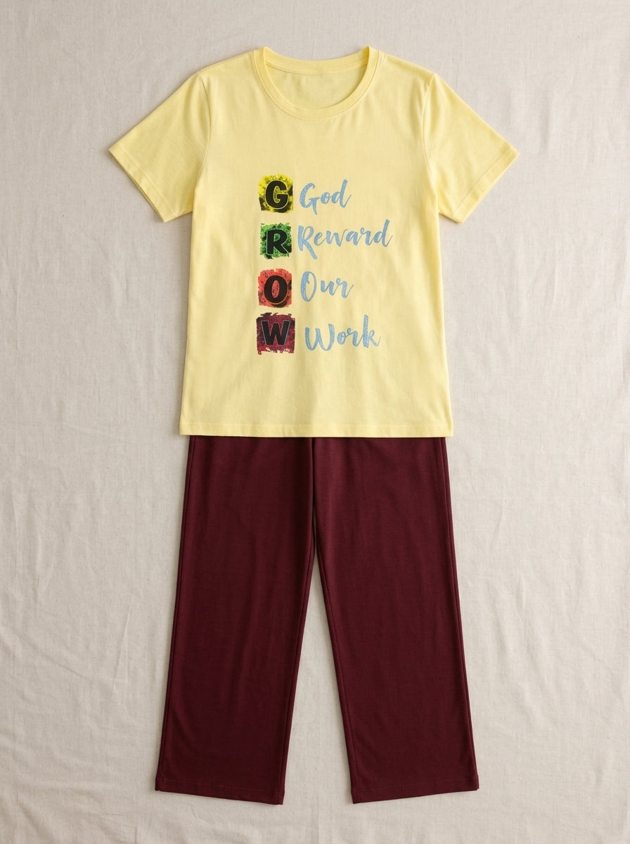 Women’s Motivational Yellow Nightwear Set | GROW Printed T-Shirt with Maroon Pants