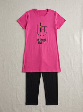 Women’s Fuchsia Graphic Nightwear Set | Longline T-Shirt & Black Pants (2 Piece)