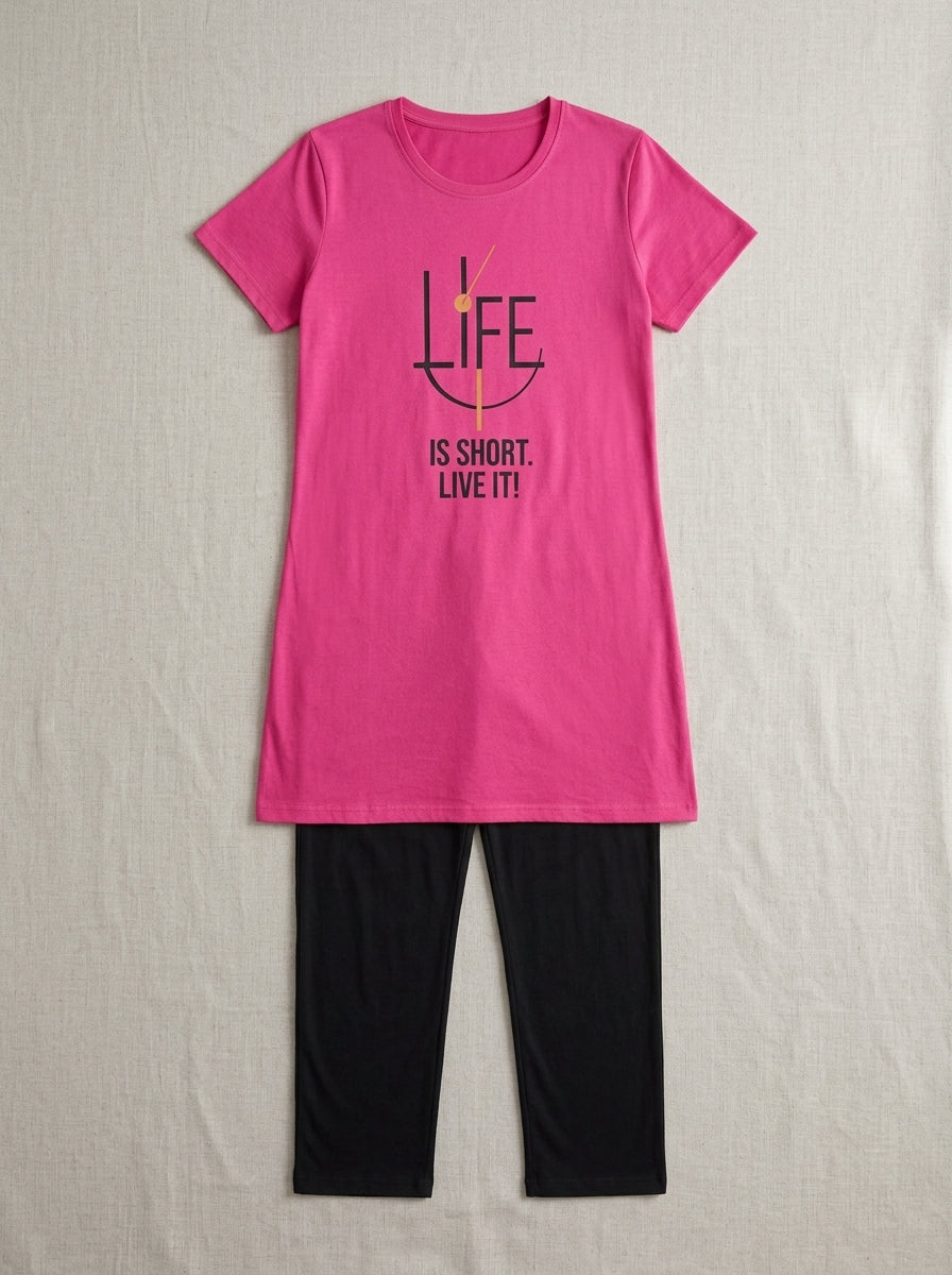 Women’s Fuchsia Graphic Nightwear Set | Longline T-Shirt & Black Pants (2 Piece)
