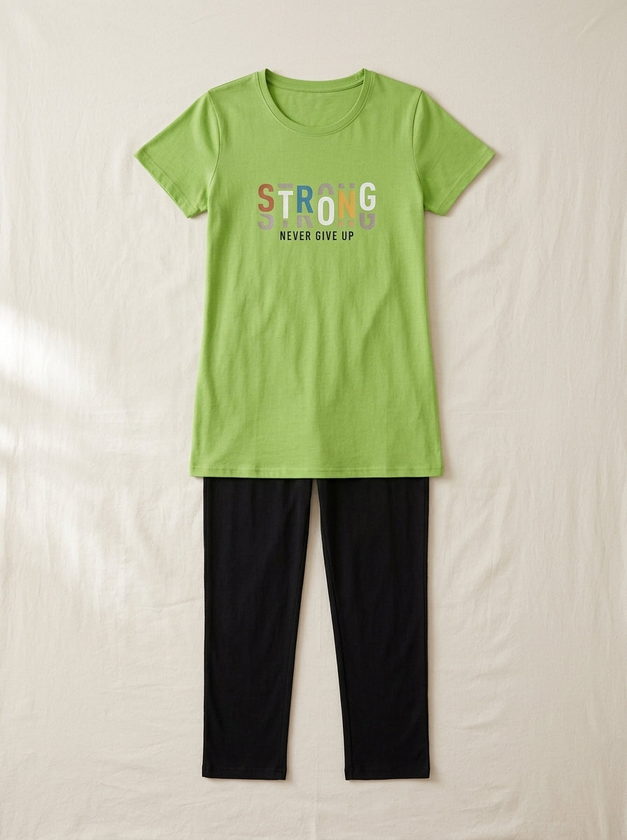 Women’s Green Motivational Nightwear Set | Longline T-Shirt & Charcoal Pants (2 Piece)