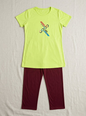 Women’s Lime Green & Maroon Lounge Set | Longline T-Shirt + Full-Length Pants (2 Piece)