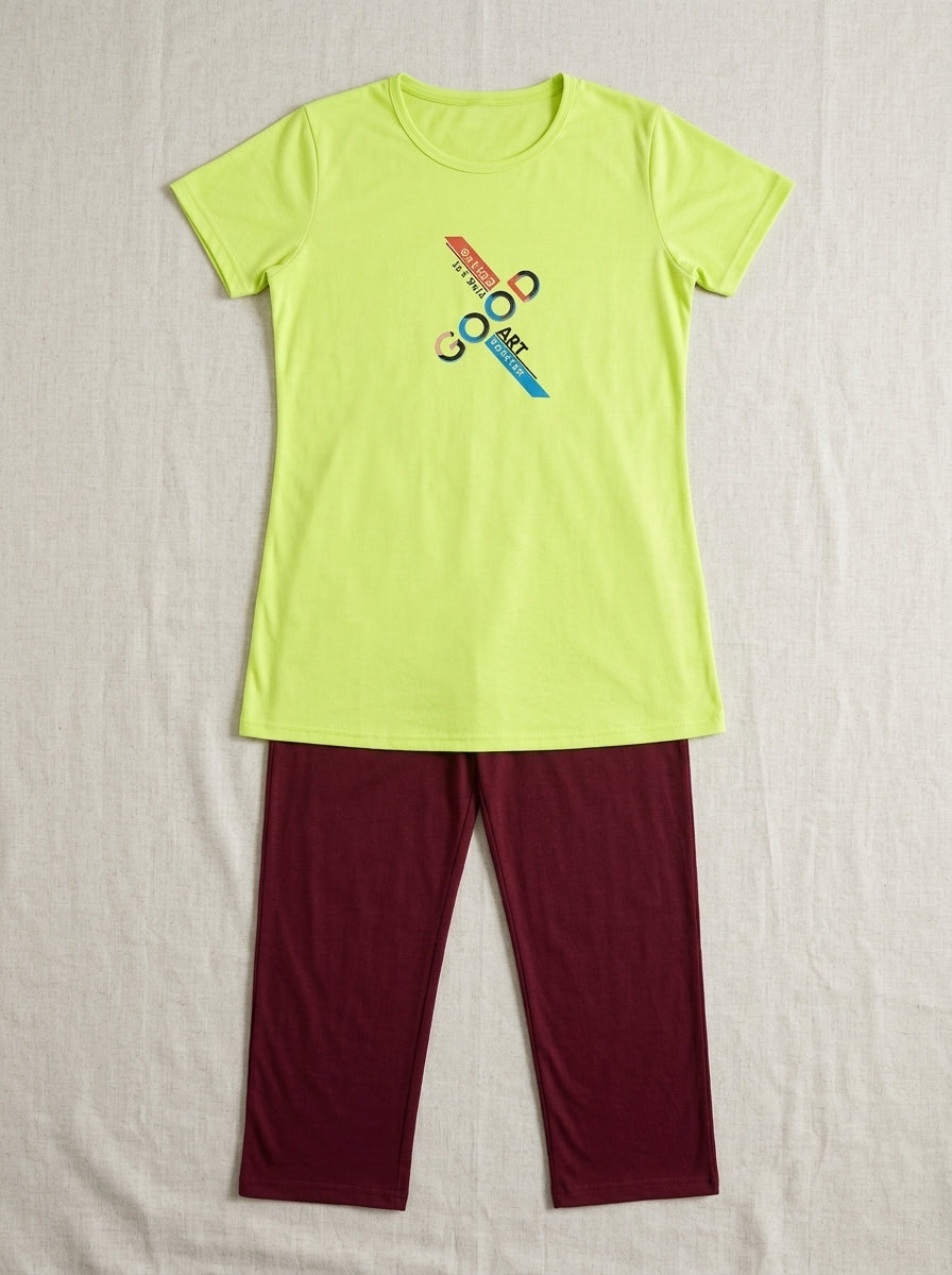 Women’s Lime Green & Maroon Lounge Set | Longline T-Shirt + Full-Length Pants (2 Piece)