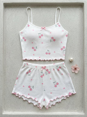 Cherry Print Ribbed Pajama Set | Lettuce Edge Cami Top & Shorts