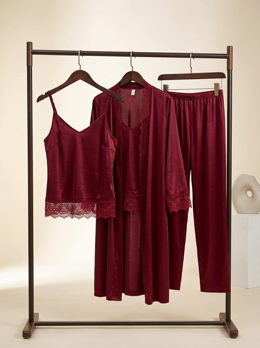 3-Piece Satin Lace Pajama Set | Burgundy Cami, Pants & Robe