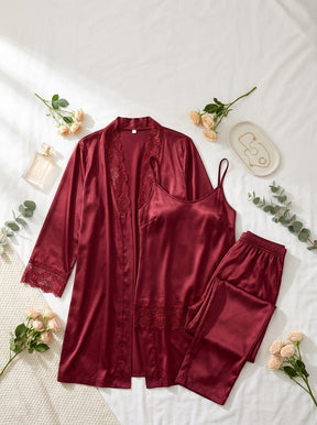3-Piece Satin Lace Pajama Set | Burgundy Cami, Pants & Robe
