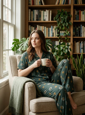 Ladies Dark Green Abstract Print Night Suit | 2 Piece Pajama Set