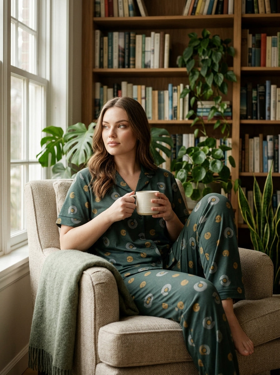Ladies Dark Green Abstract Print Night Suit | 2 Piece Pajama Set