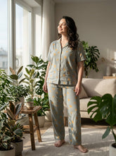 Women’s Sage Green Butterfly Print Pajama Set | 2PC Night Suit