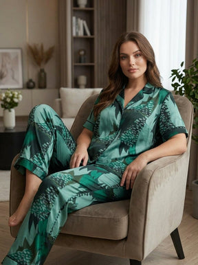 Ladies Luxury Green Satin Night Suit | 2 Piece Printed Pajama Set