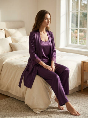 3-Piece Satin Lace Pajama Set | Cami, Pants & Robe