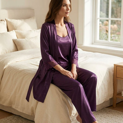 3-Piece Satin Lace Pajama Set | Cami, Pants & Robe