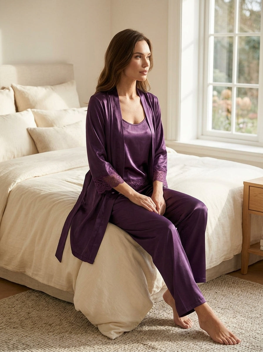 3-Piece Satin Lace Pajama Set | Cami, Pants & Robe