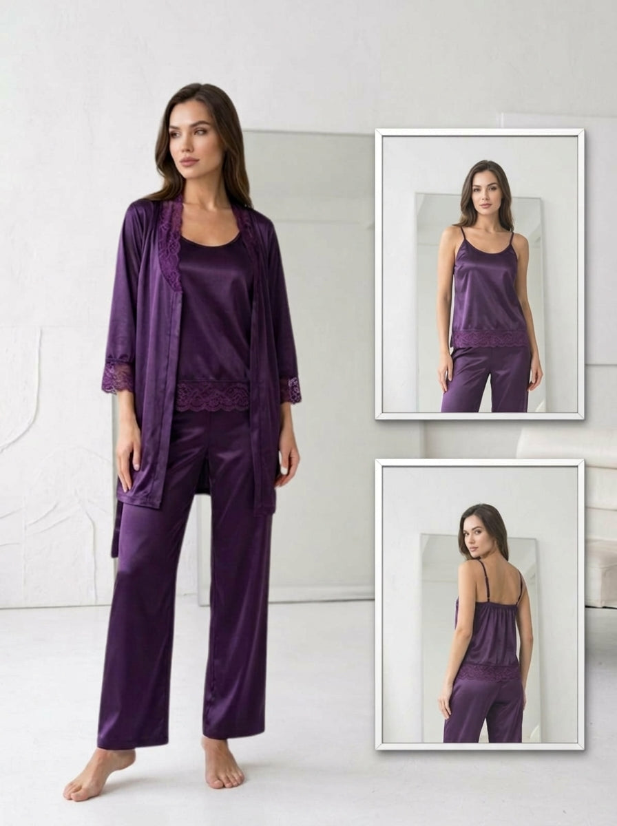 3-Piece Satin Lace Pajama Set | Cami, Pants & Robe