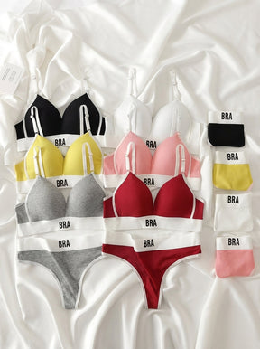 Ribbed Triangle Bra & Panty Set | Logo Band Wireless Lingerie