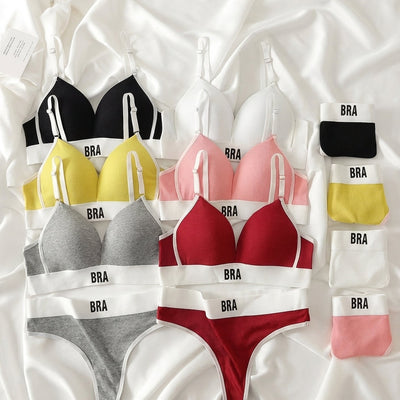 Ribbed Triangle Bra & Panty Set | Logo Band Wireless Lingerie