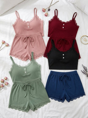 Ribbed Lace Trim Lounge Set