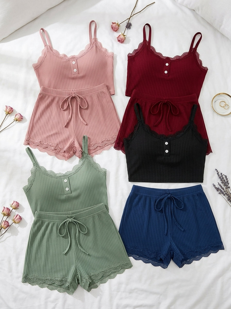 Ribbed Lace Trim Lounge Set